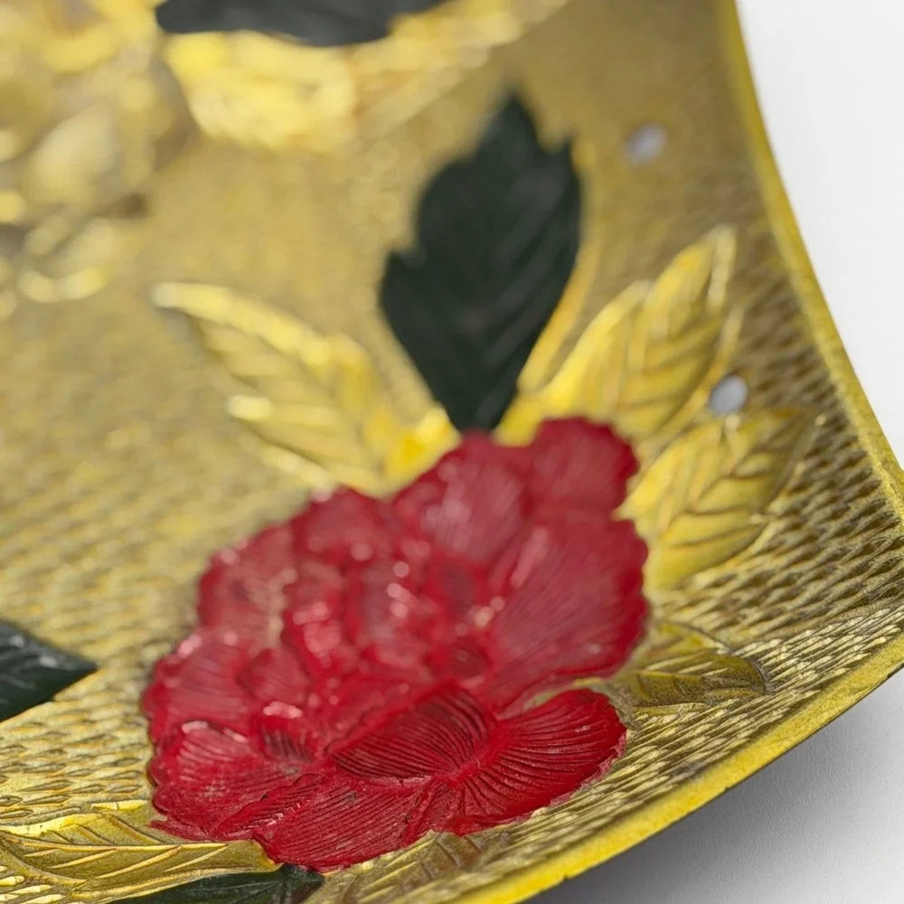 Vintage Asian Style Floral Peony Decorative Tray Gold Textured Relief 9.5 Inch